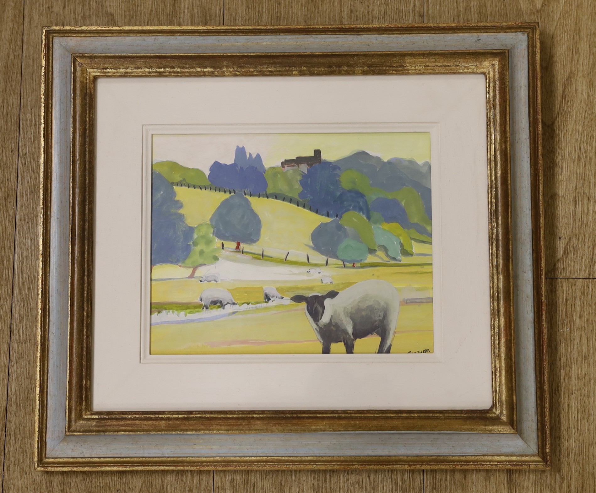Sue Campion R.B.A, gouache, Field of sheep near Bridgnorth, signed, 19 x 24cm